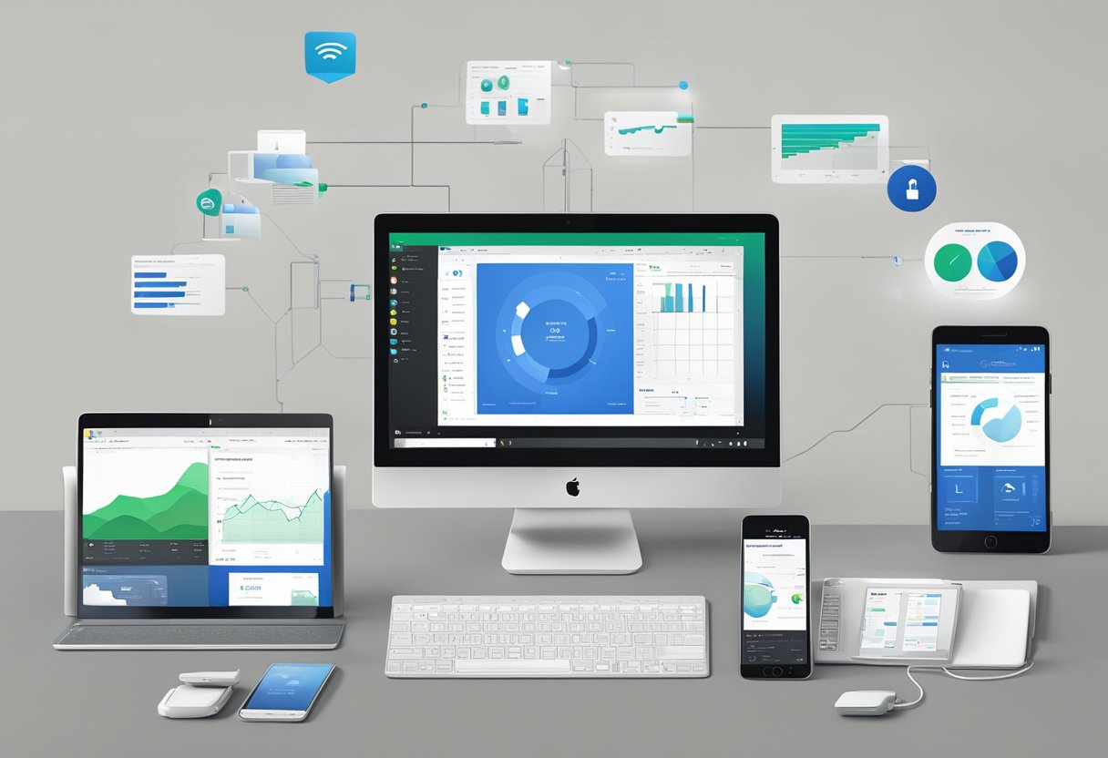 A group of digital devices, including computers, tablets, and smartphones, are interconnected and displaying the Microsoft Copilot interface. Documents, charts, and graphs are being seamlessly shared and edited in real-time, showcasing enhanced collaboration and workflow productivity