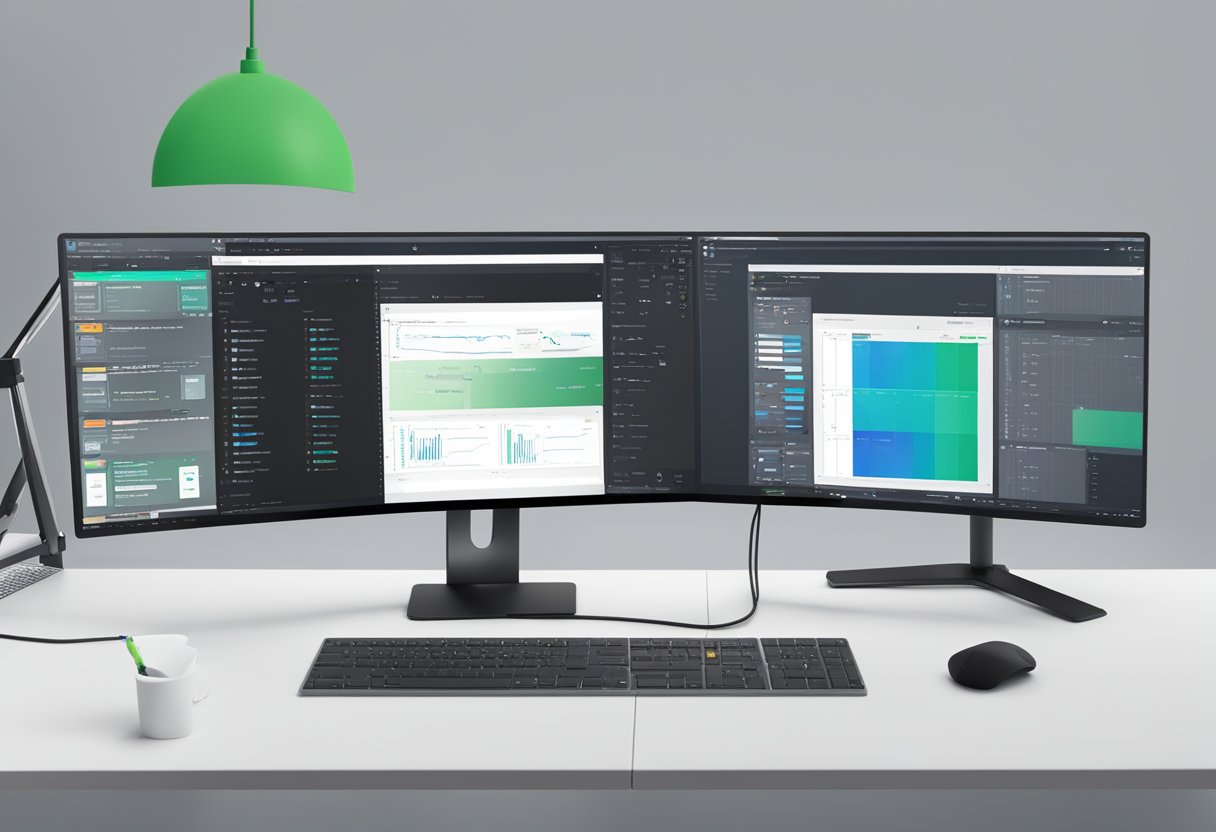 A computer screen displaying the Microsoft Copilot interface with various coding tools and options, surrounded by a clean and organized workspace