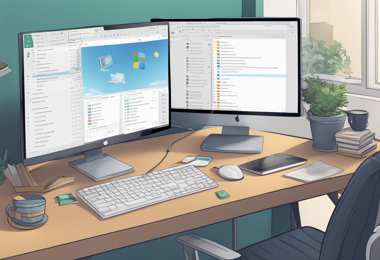 A computer screen displaying Microsoft Copilot's interface with various coding suggestions and a user typing code, surrounded by a cluttered desk with reference books and a coffee mug