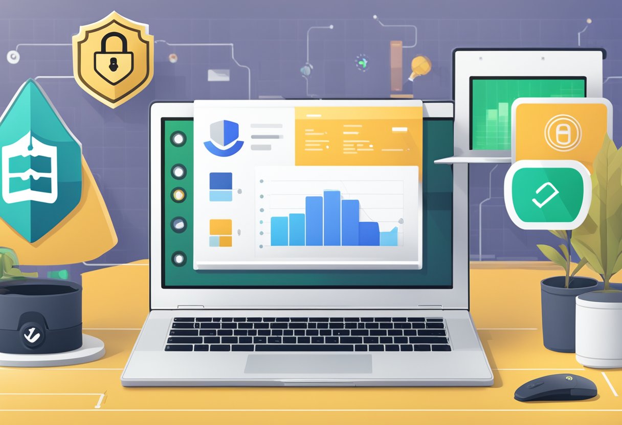 A laptop with a secure lock icon surrounded by a shield, while a productivity chart and Microsoft Copilot logo hover in the background