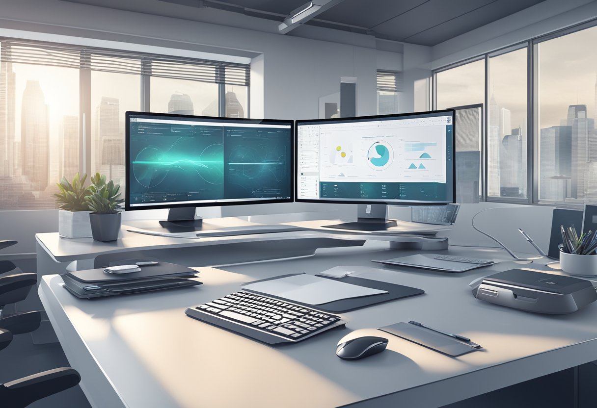 A sleek, futuristic office desk with a computer screen displaying Microsoft Copilot software. Various productivity tools and gadgets are neatly arranged on the desk, creating a modern and efficient workspace