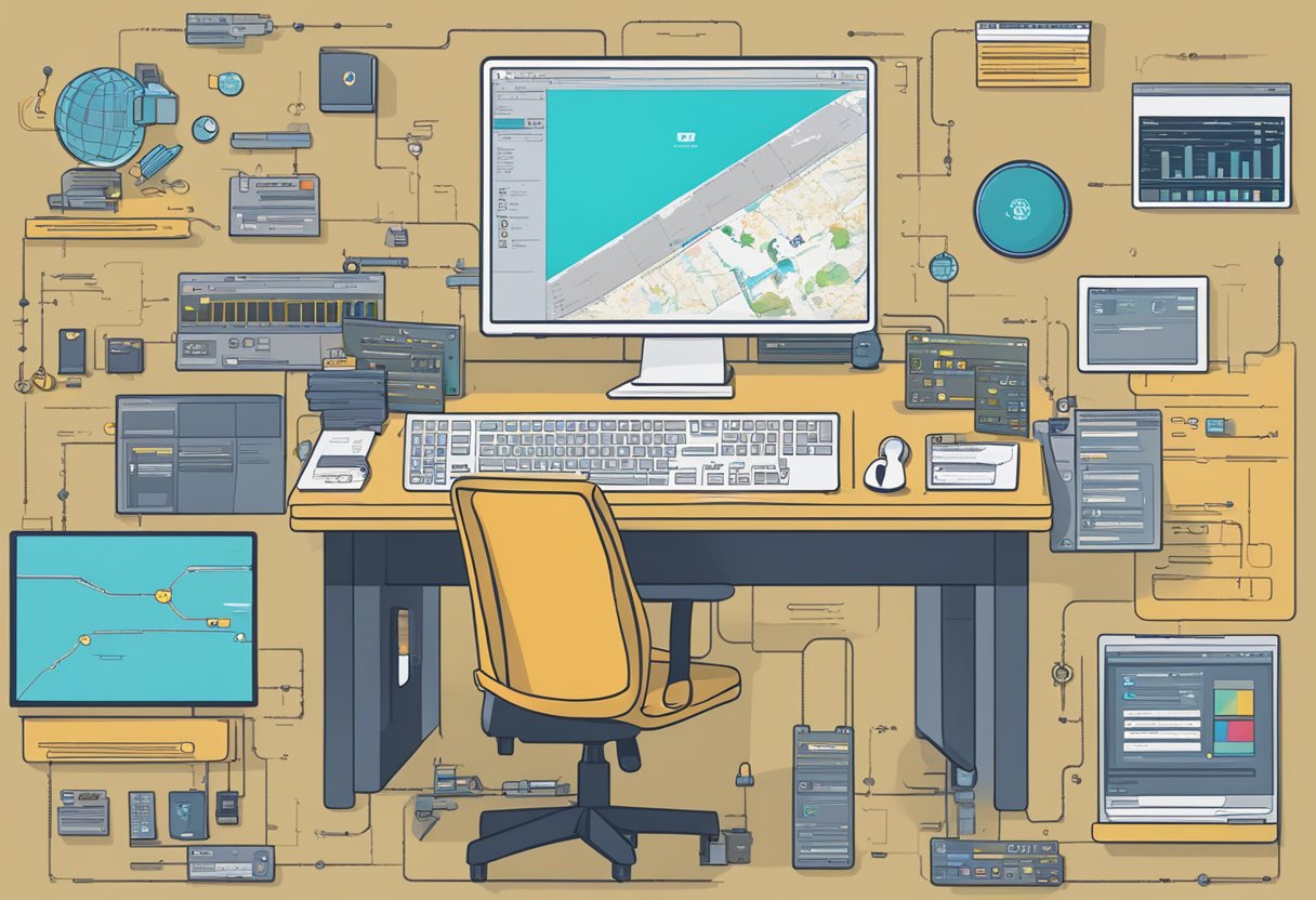 A computer screen displaying code with Microsoft Copilot interface, surrounded by various development tools and resources