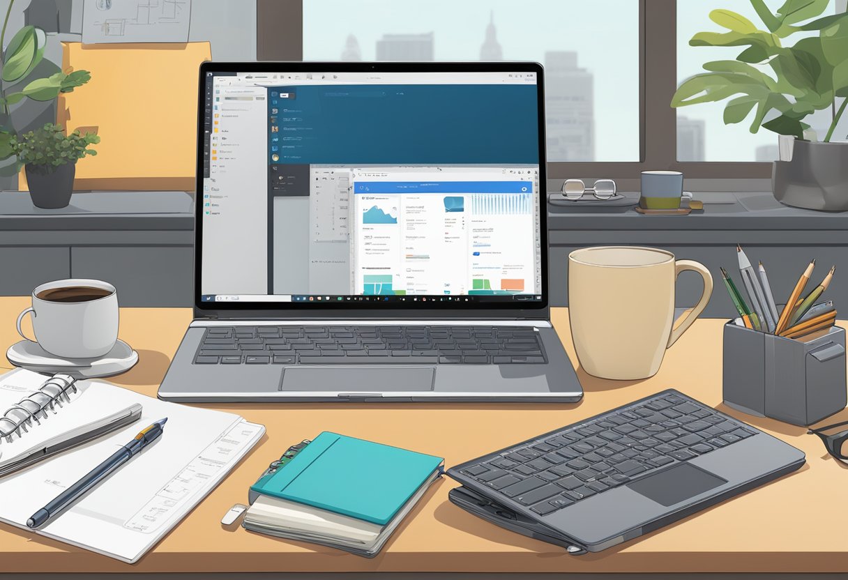 A laptop open on a cluttered desk, with Microsoft Copilot interface displayed, surrounded by notebooks, pens, and a cup of coffee