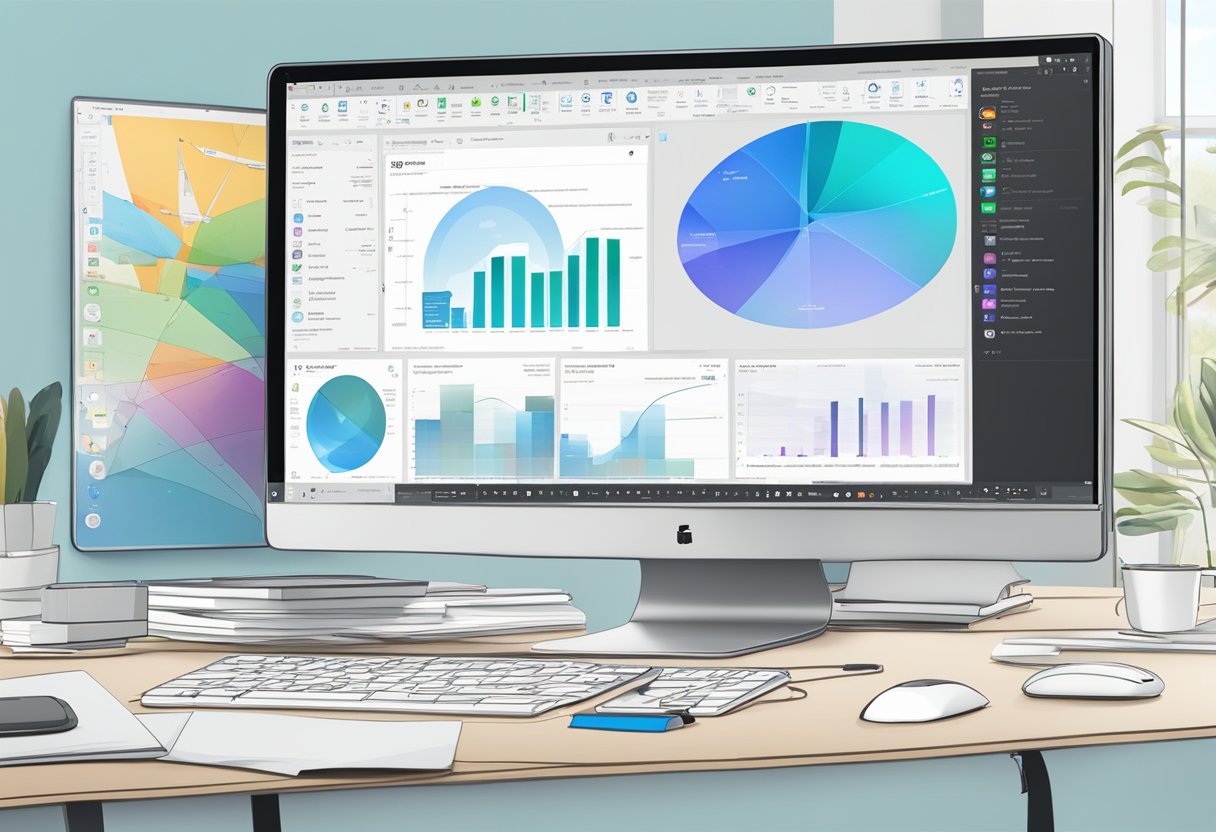 A computer screen displaying Microsoft Copilot software with various productivity tools and features open, surrounded by a clean and organized workspace