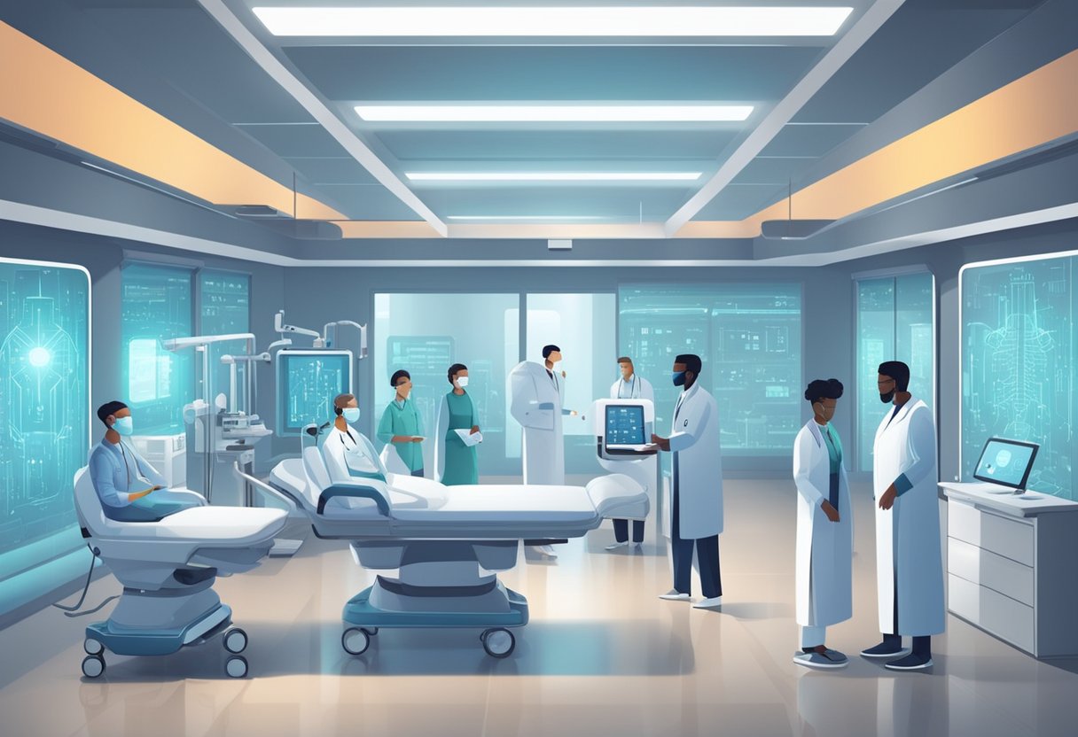 A futuristic hospital with AI robots assisting doctors and patients. Advanced technology and data analytics are integrated into the healthcare system