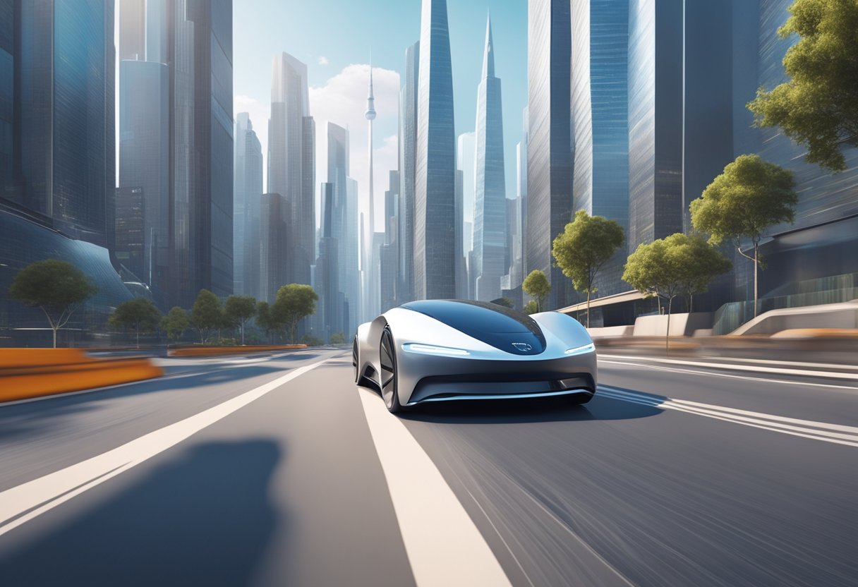 A sleek autonomous vehicle navigates a futuristic cityscape, passing by skyscrapers and advanced infrastructure, showcasing the seamless integration of AI technology in 2024