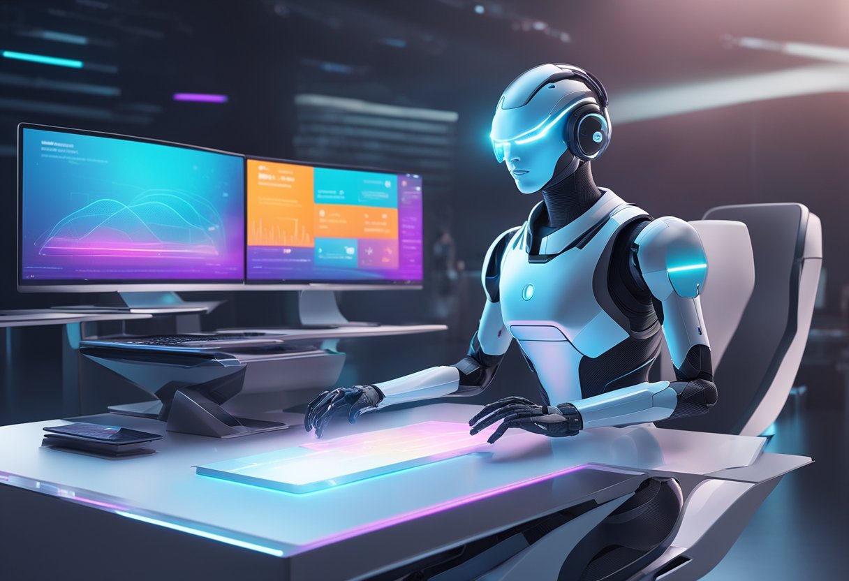 An AI-powered personal assistant stands on a sleek, futuristic desk, surrounded by holographic displays and advanced technology. It responds to voice commands with seamless efficiency, symbolizing the cutting-edge potential of AI in 2024