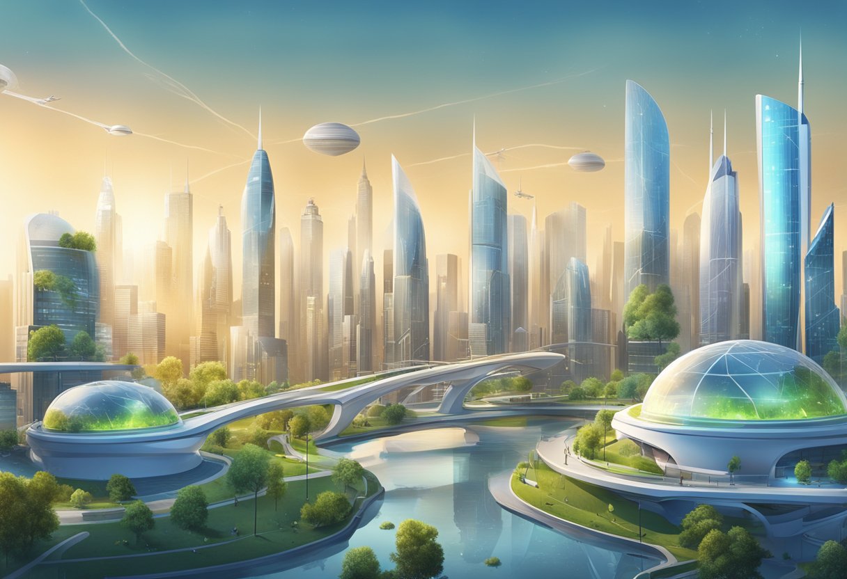 A futuristic city skyline with AI-powered sustainability infrastructure, including renewable energy sources and smart waste management systems