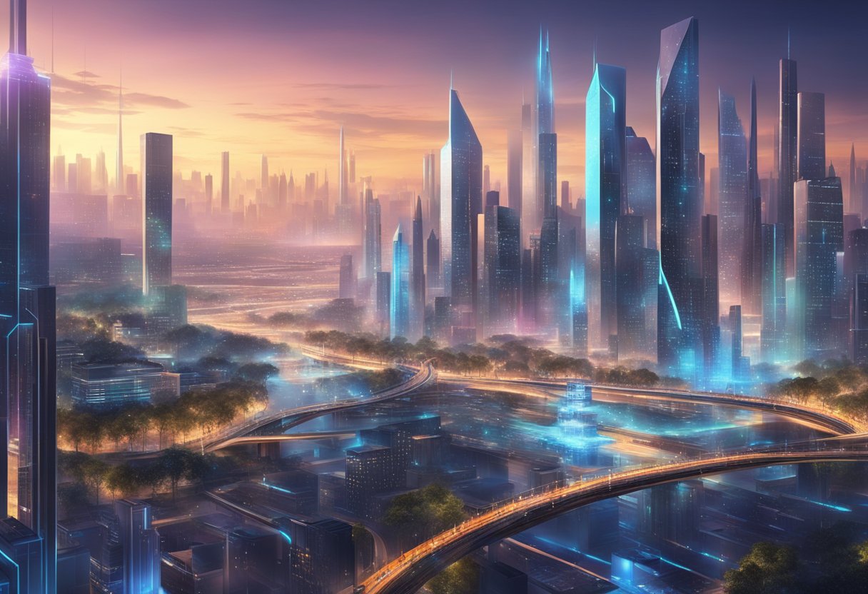 A futuristic cityscape with glowing, interconnected data networks and sleek, advanced technology integrated into everyday life