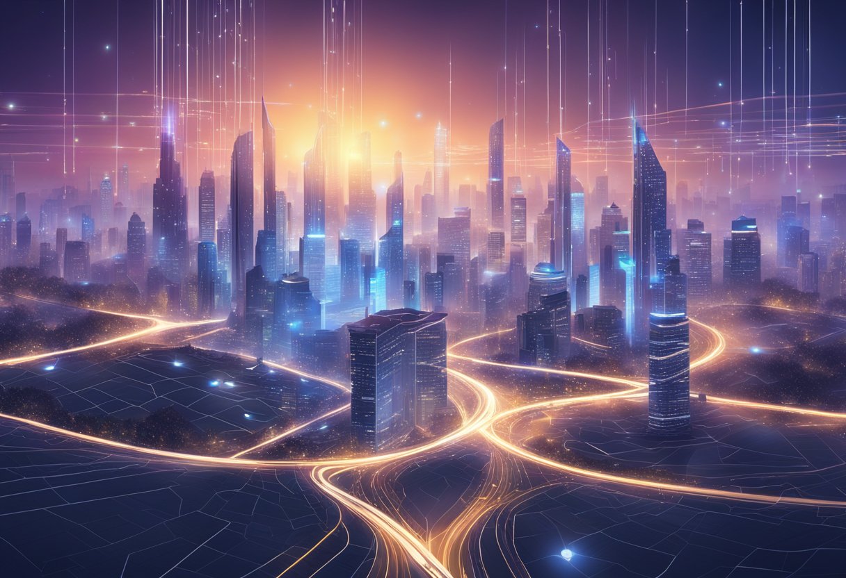 A futuristic city skyline with glowing data streams and AI algorithms merging in a digital landscape