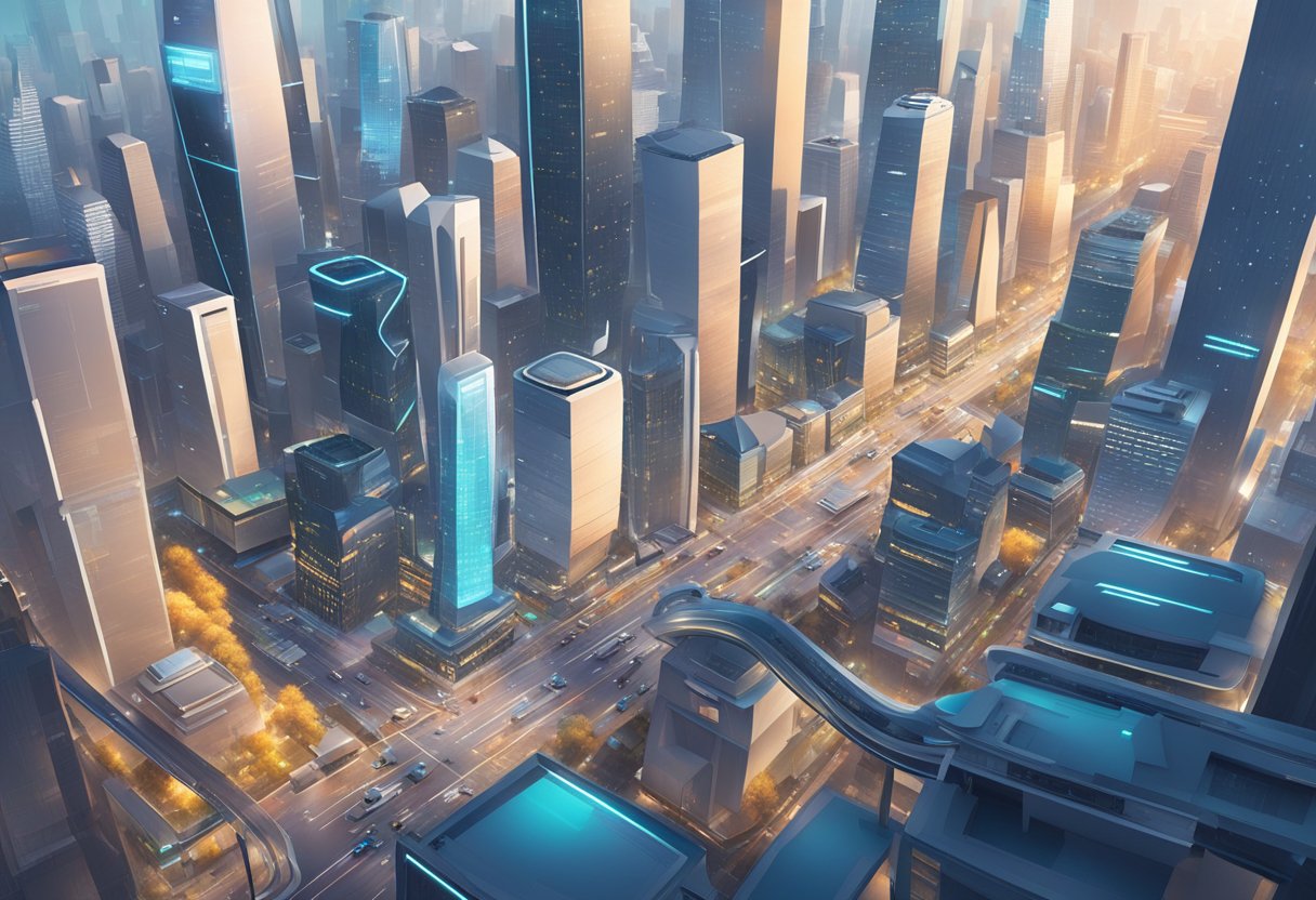 A bustling city skyline with sleek, futuristic buildings and autonomous vehicles zipping through the air and on the ground. Advanced AI-powered robots and drones work alongside humans in various tasks