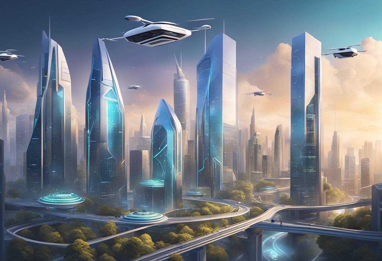 A futuristic cityscape with AI-powered drones and autonomous vehicles navigating through sleek skyscrapers and advanced infrastructure