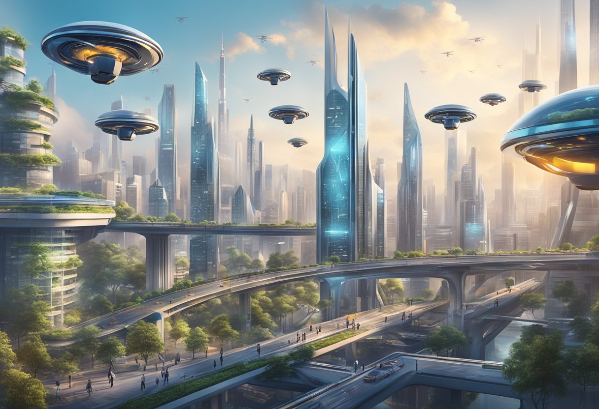 A futuristic cityscape with AI-powered drones and robots working together in harmony, surrounded by advanced technology and sustainable infrastructure