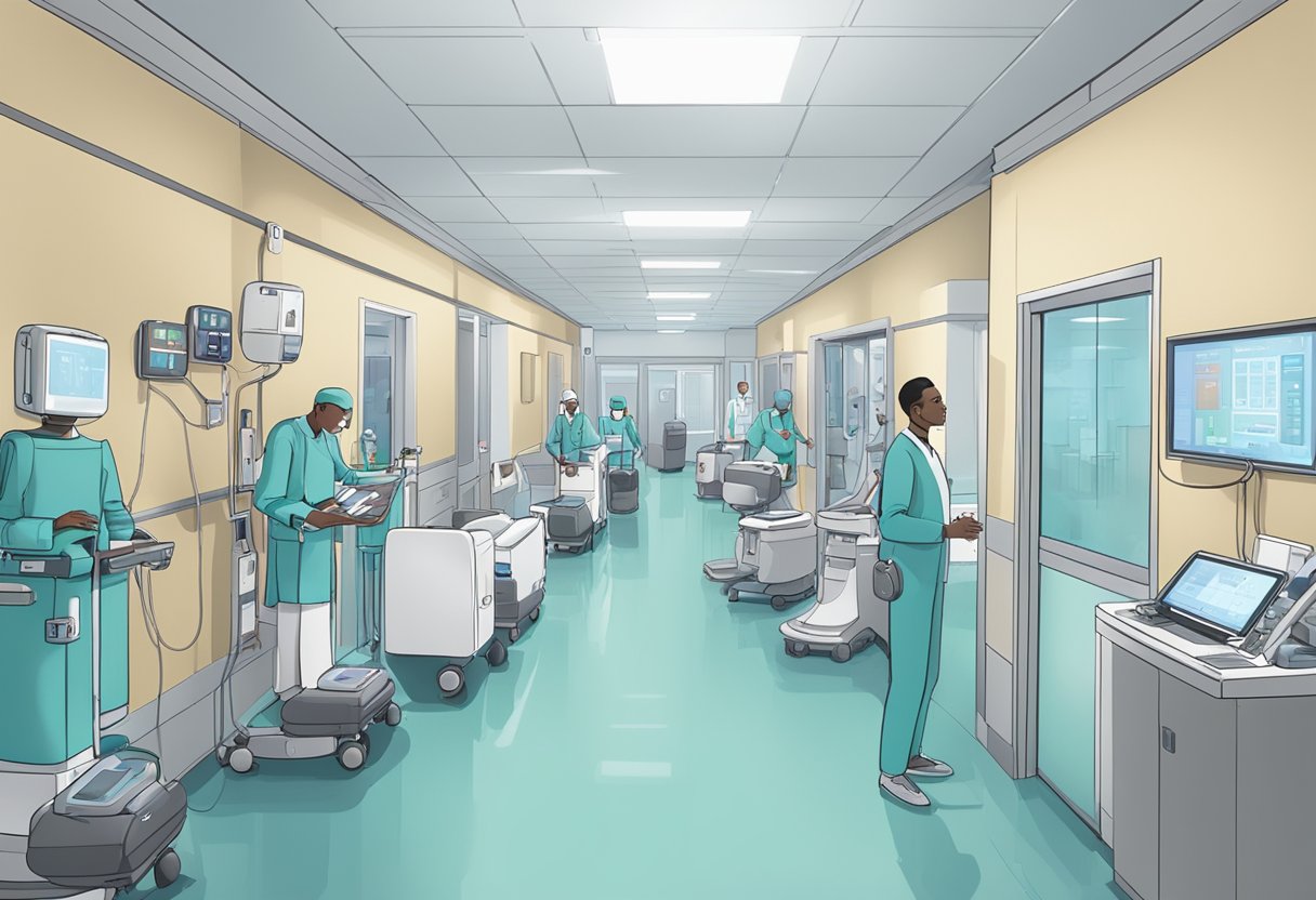 A bustling hospital hallway with AI-powered robots and devices assisting medical staff. Patients are monitored by advanced AI systems, while smart algorithms analyze data for accurate diagnoses and treatment plans