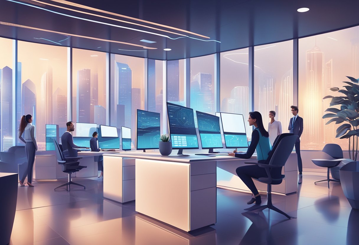 A futuristic financial services office with AI-powered assistants managing transactions and analyzing data for clients. Advanced technology and sleek design create a cutting-edge atmosphere