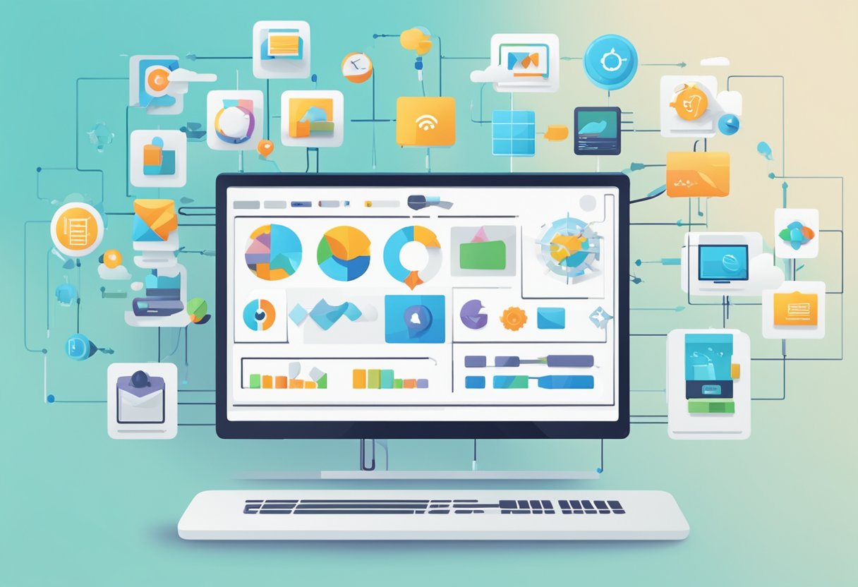 A computer screen displays a series of interconnected icons representing different software applications. Arrows flow between them, symbolizing automated workflow processes