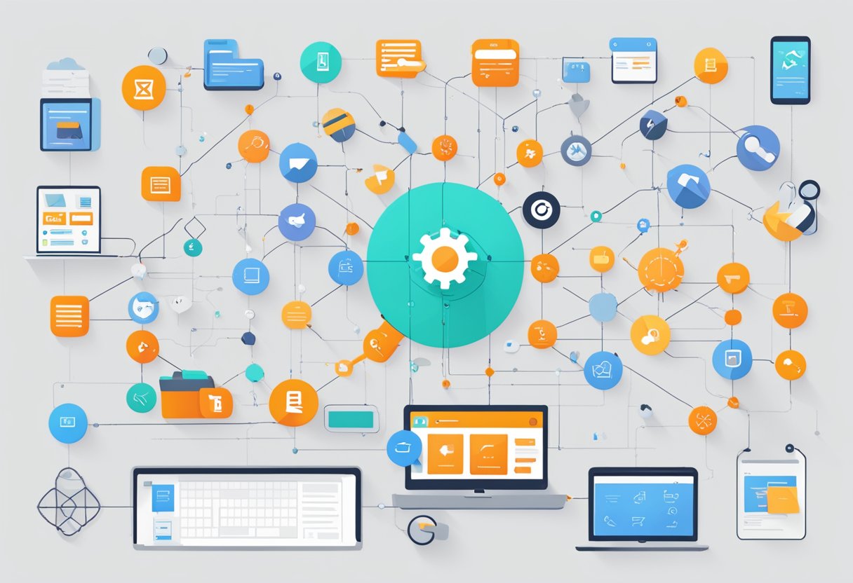 Various business tools connected by Zapier, forming a seamless workflow automation. Icons representing different apps and tasks linked together in a streamlined process