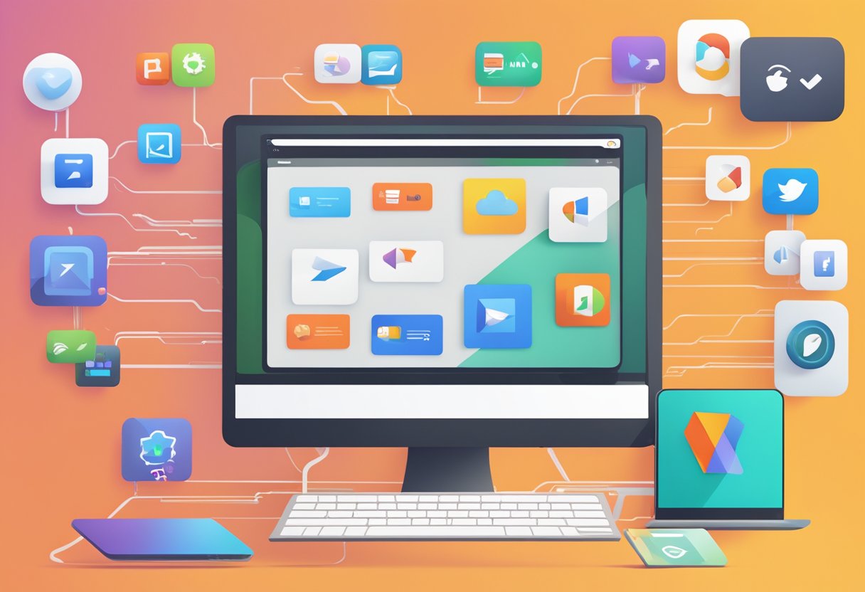 A computer screen with various app icons, a flowing arrow connecting them, and the Zapier logo in the background