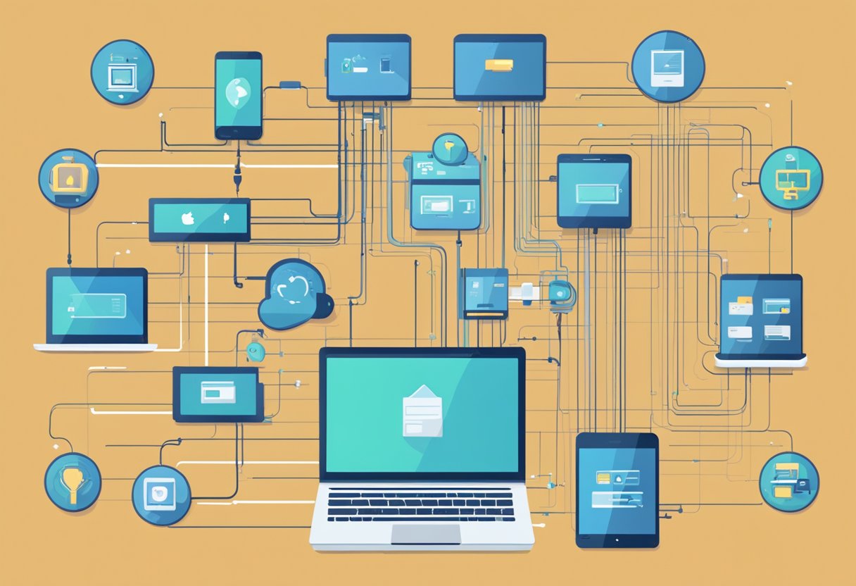 Multiple digital devices connected by lines, with arrows indicating automated workflow processes. Icons representing different tasks and apps