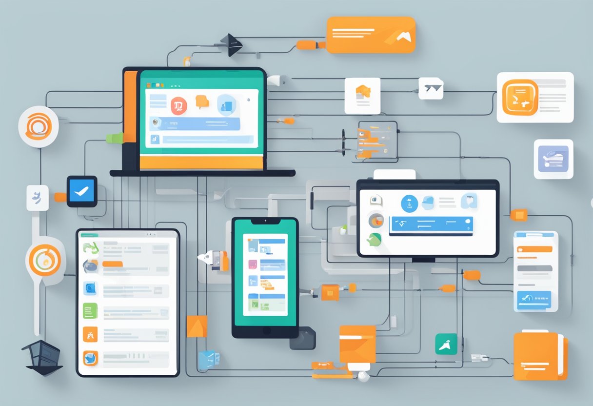 A computer screen displaying a series of interconnected apps and triggers, with arrows and labels showing the automation process using advanced Zapier features