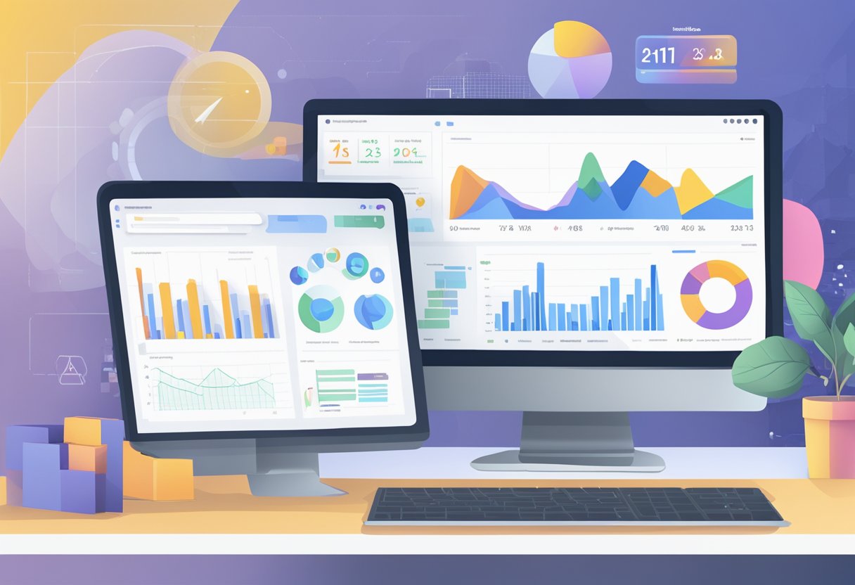 A computer screen with WordPress dashboard open, surrounded by charts and graphs showing website analytics