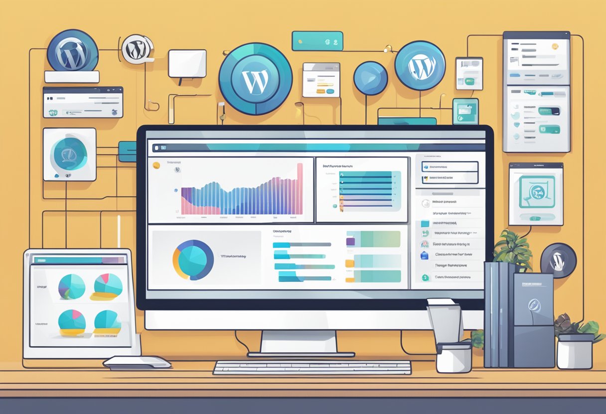 A computer screen displaying a WordPress dashboard with various plugin options and a sleek, modern website layout in the background