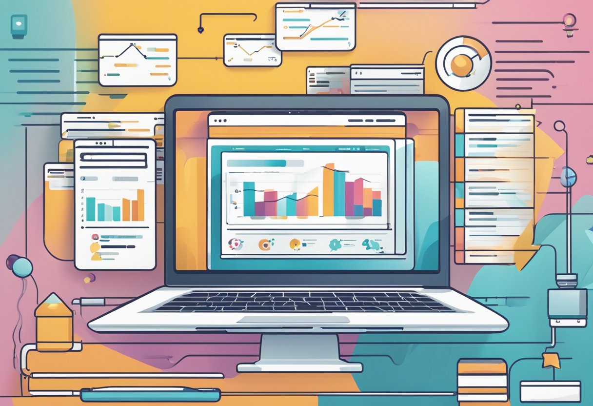 A laptop displaying a WordPress dashboard with a graph showing improved site performance. Various website elements, such as plugins and themes, are arranged around the laptop, symbolizing the process of creating a professional website