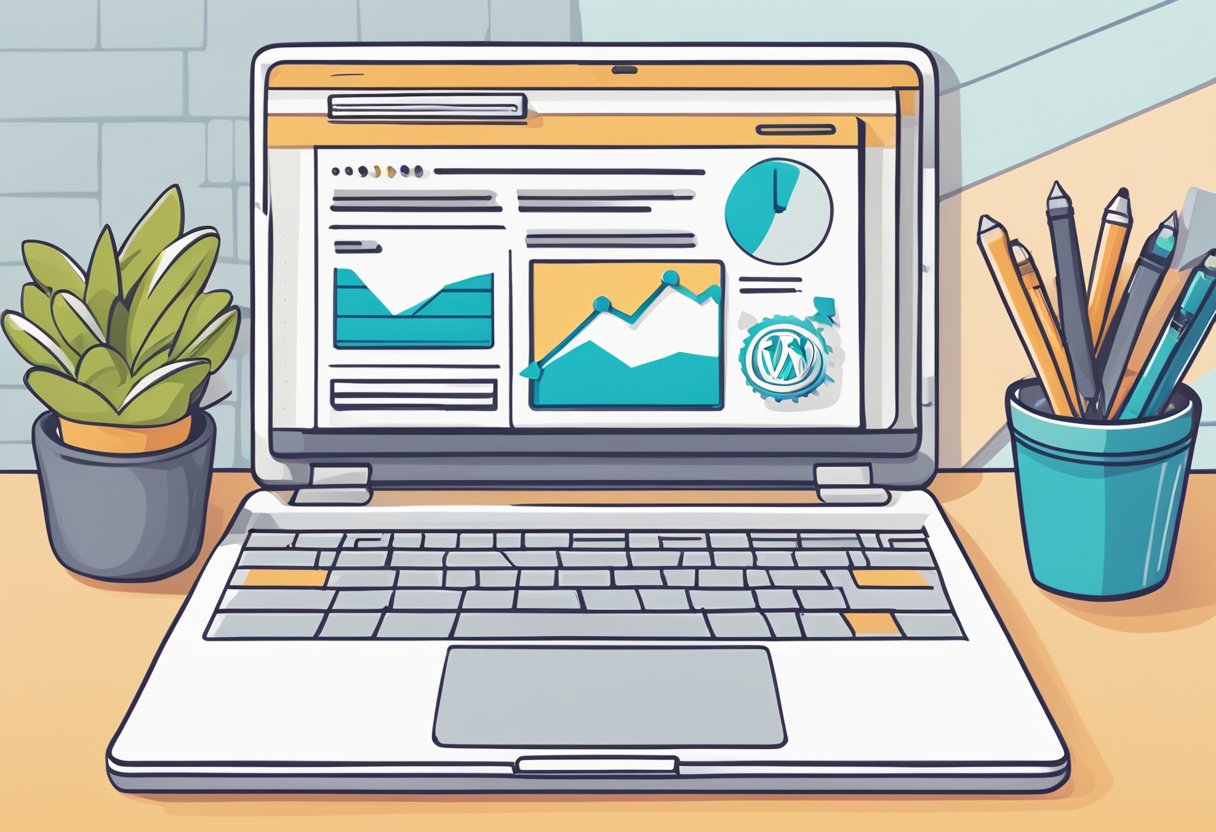 A laptop displaying a WordPress dashboard with marketing and SEO strategies written on a notepad next to it