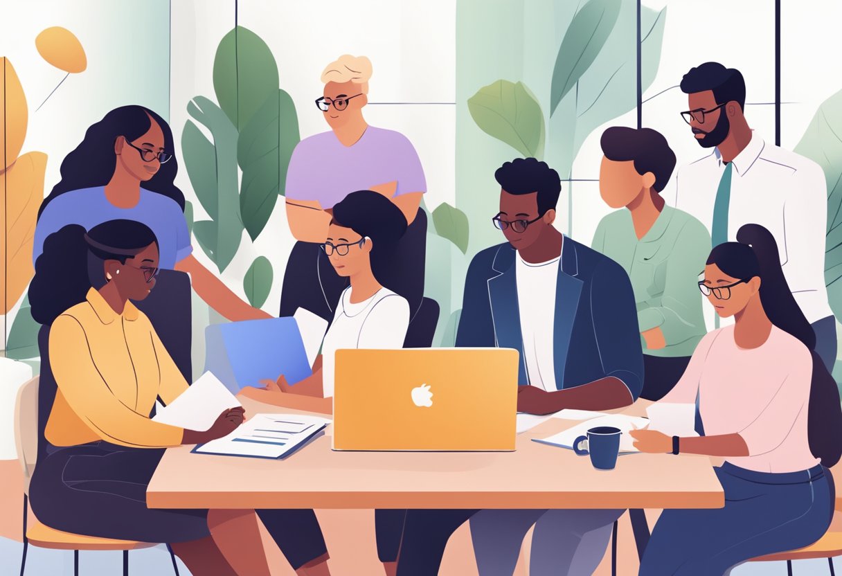 A group of diverse individuals working together, sharing ideas and documents seamlessly through Slack, enhancing team collaboration with external partners