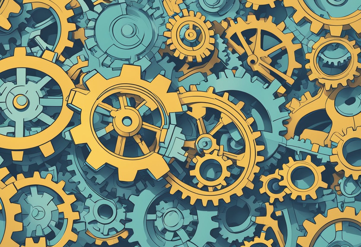 A group of interconnected gears and cogs working seamlessly together, symbolizing streamlined workflows and automation. A central hub connects them, representing team collaboration through Slack