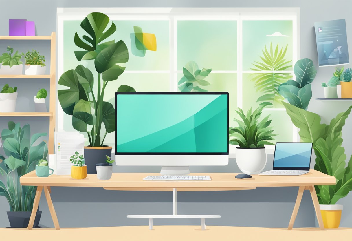 A desktop computer with Canva website open, showing various design tools and templates. Bright, modern workspace with plants and natural light