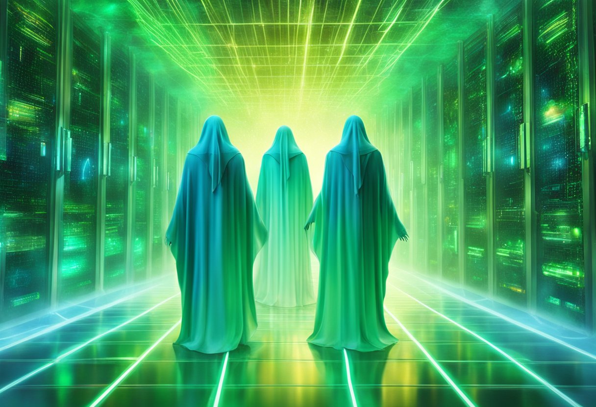 Three ghostly figures hover over computer servers, encased in a transparent, futuristic grid. Blue and green lights illuminate the scene